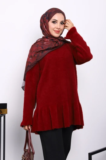 Bordo Volanlı Angora Yumoş Triko Tunik