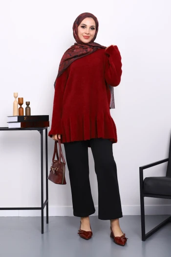 Bordo Volanlı Angora Yumoş Triko Tunik