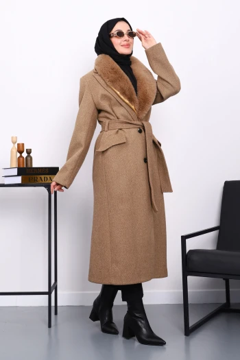 Camel Yaka Kürklü Kuşaklı Kaşe Kaban