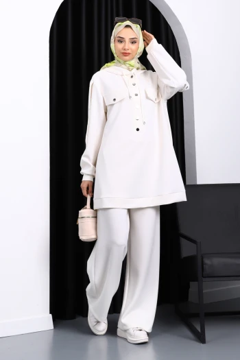 Ekru Çıtçıt Detaylı Tunik Pantolonlu Takım
