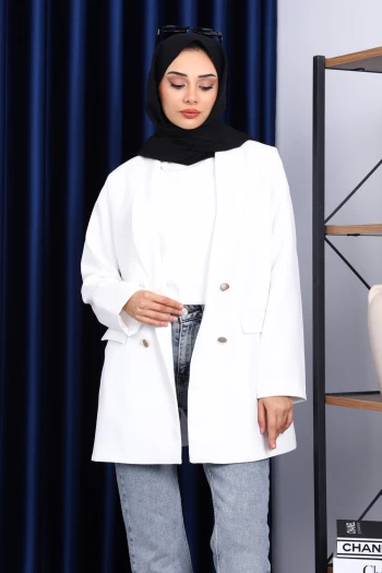 Ekru Düğmeli Kruvaze Yaka Krep Ceket