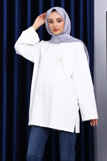 Ekru İşleme Detaylı Sweatshirt