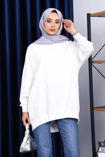Ekru Önü Kısa Arkası Uzun Oversize Sweatshirt