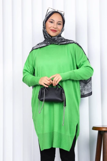 Fıstık Yeşili Bisiklet Yaka Merserize Salaş Triko Tunik