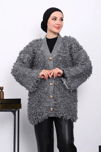 Füme Düğmeli Angora Hırka