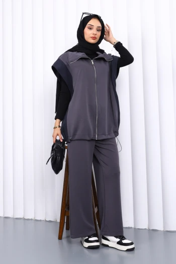 Füme Fermuarlı Modal Yelek Pantolonlu Takım