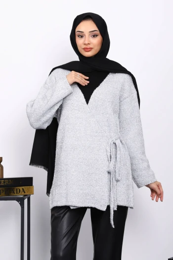 Gri Bel Kuşaklı Simli Hırka