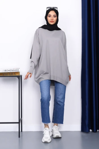 Gri Bisiklet Yaka Merserize Tunik