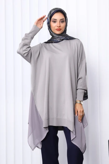 Gri Bisiklet Yaka Tül Detaylı Merserize Triko Tunik