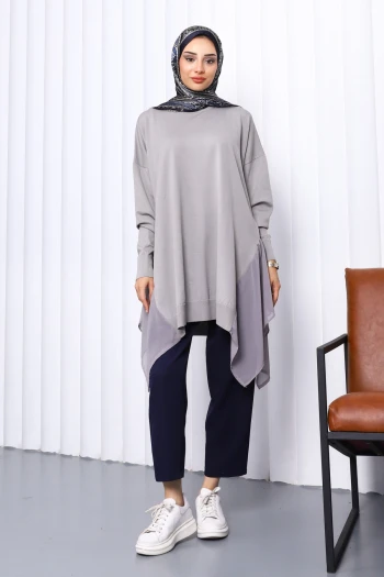 Gri Bisiklet Yaka Tül Detaylı Merserize Triko Tunik