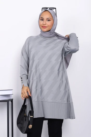 Gri Kol Düğmeli Soğuk İplik Triko Tunik