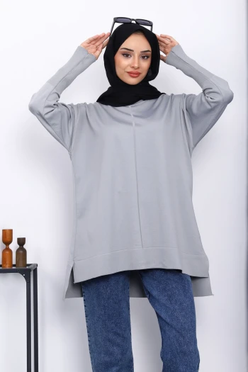Gri Kol Fermuarlı Soğuk İplik Triko Tunik