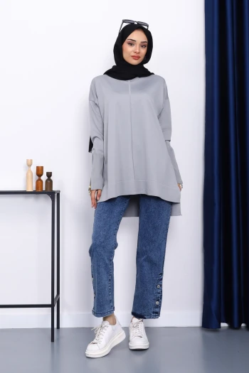 Gri Kol Fermuarlı Soğuk İplik Triko Tunik