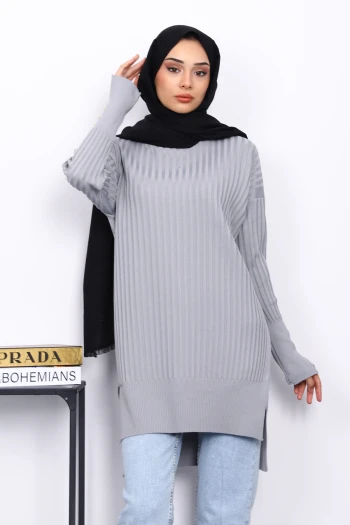 Gri Önü Kısa Arkası Uzun Triko Tunik