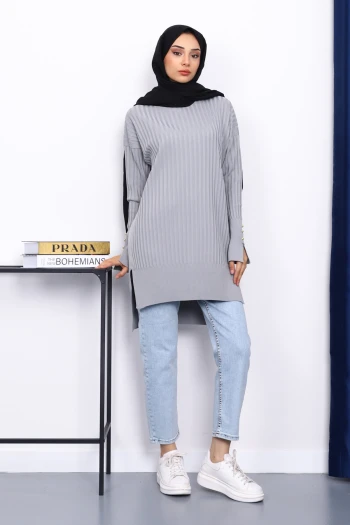 Gri Önü Kısa Arkası Uzun Triko Tunik