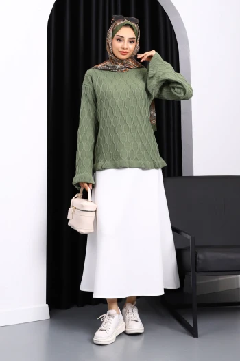 Haki Bel Ve Kol Ucu Fırfırlı Triko Kazak