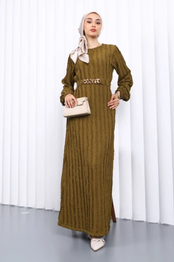 Haki Beli Kemerli Fırfır Detaylı Gofre Elbise