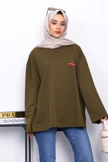 Haki Bisiklet Yaka İki İplik Oversize Sweatshirt