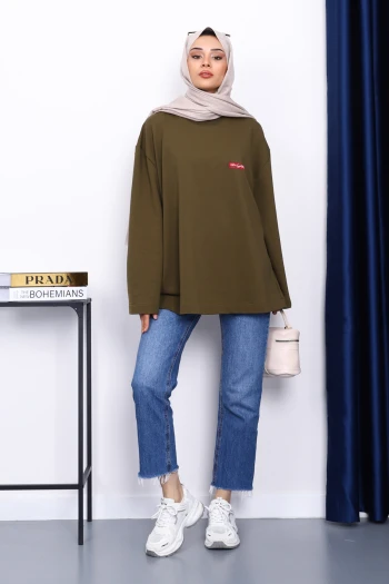 Haki Bisiklet Yaka İki İplik Oversize Sweatshirt