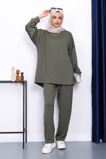 Haki Bisiklet Yaka Tunik Pantolonlu Takım