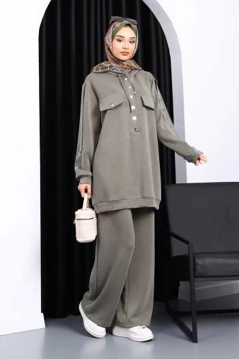 Haki Çıtçıt Detaylı Tunik Pantolonlu Takım