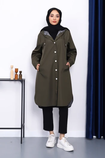 Haki Kapşonlu Düğme Detaylı Trençkot