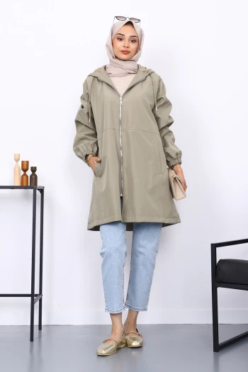 Haki Kapüşonlu Arkası Nakışlı Trençkot
