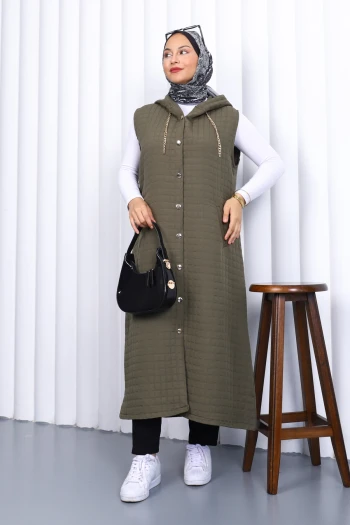 Haki Kapüşonlu Kapitone Uzun Yelek