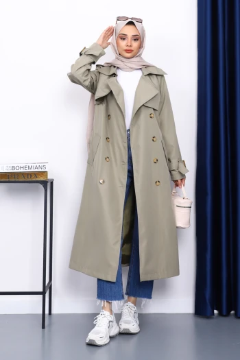 Haki Kravuze Yaka Kuşaklı Trençkot