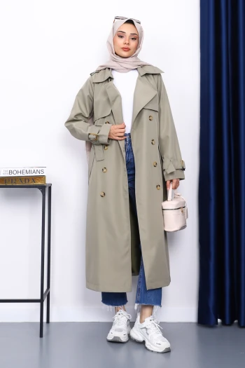 Haki Kravuze Yaka Kuşaklı Trençkot