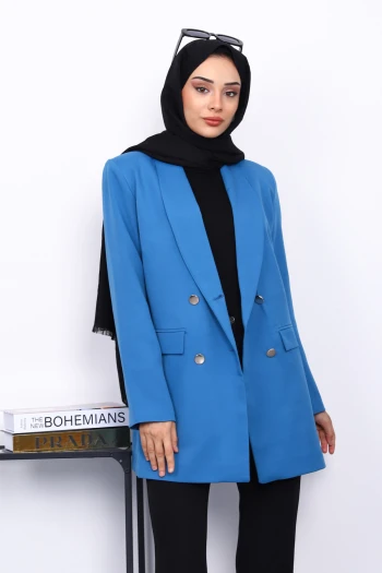 İndigo Düğmeli Kruvaze Yaka Krep Ceket