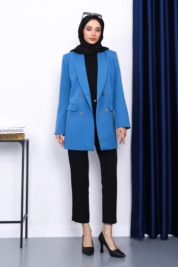 İndigo Düğmeli Kruvaze Yaka Krep Ceket