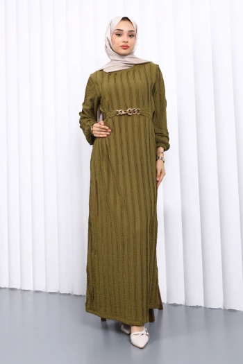 K. Yağyeşili Beli Kemerli Fırfır Detaylı Gofre Elbise