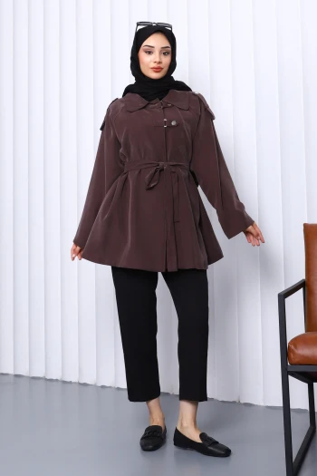 Kahverengi Apolet Detaylı Kuşaklı Trençkot