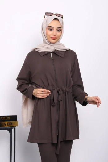 Kahverengi Bel Bağlamalı Modal Tunik Pantolonlu Takım