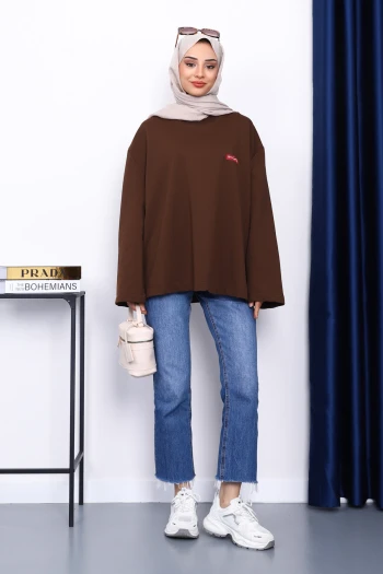 Kahverengi Bisiklet Yaka İki İplik Oversize Sweatshirt
