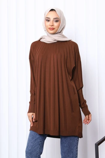 Kahverengi Bisiklet Yaka Merserize Triko Tunik