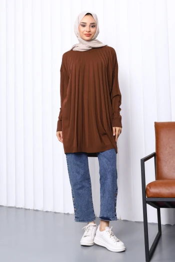 Kahverengi Bisiklet Yaka Merserize Triko Tunik