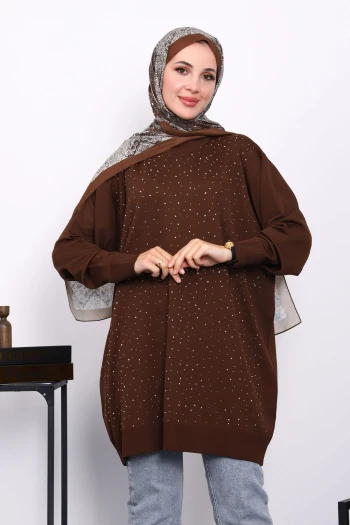 Kahverengi Bisiklet Yaka Taş İşlemeli Tunik