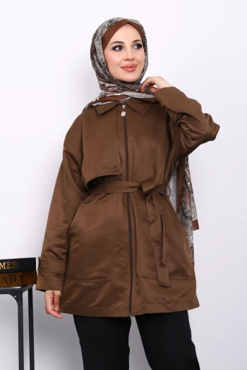 Kahverengi Cep Detaylı Kuşaklı Tensel Ceket