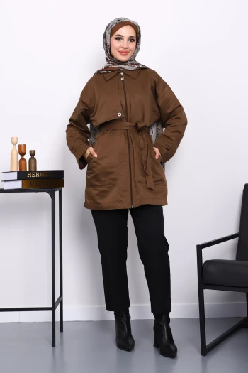 Kahverengi Cep Detaylı Kuşaklı Tensel Ceket