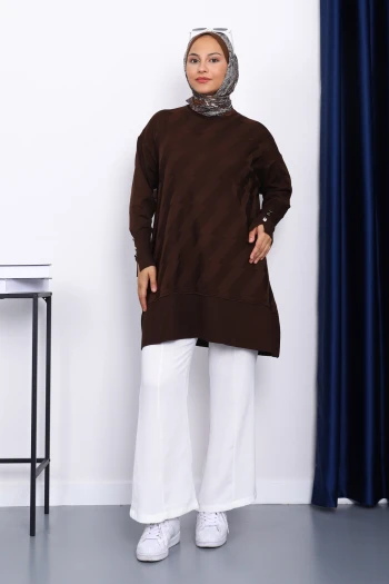 Kahverengi Kol Düğmeli Soğuk İplik Triko Tunik