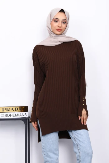 Kahverengi Önü Kısa Arkası Uzun Triko Tunik