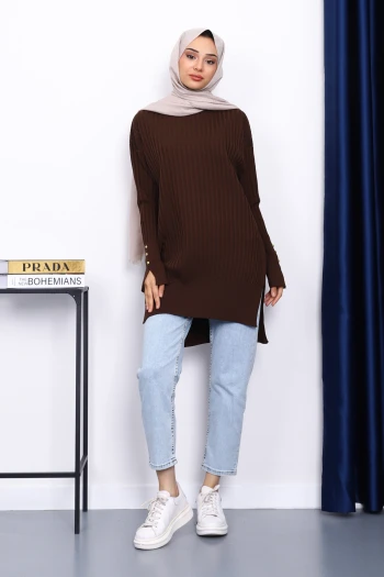 Kahverengi Önü Kısa Arkası Uzun Triko Tunik