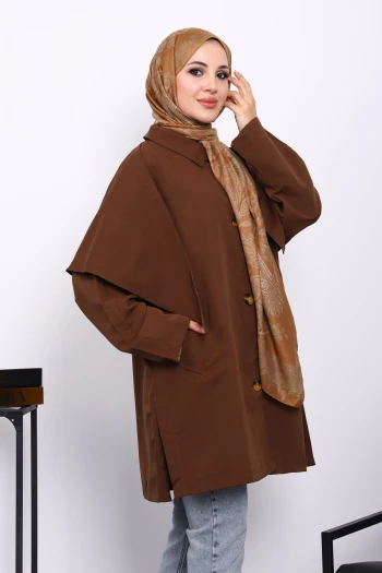 Kahverengi Pelerin Detaylı  Düğmeli Trençkot