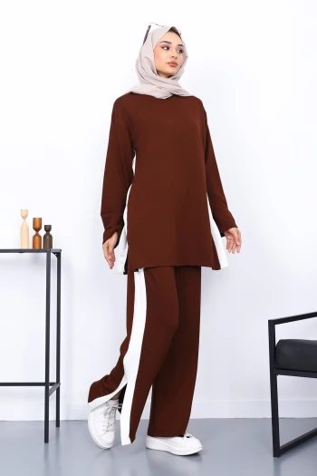Kahverengi Renk Bloklu Modal Tunik Pantolonlu Takım