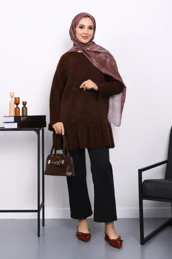 Kahverengi Volanlı Angora Yumoş Triko Tunik
