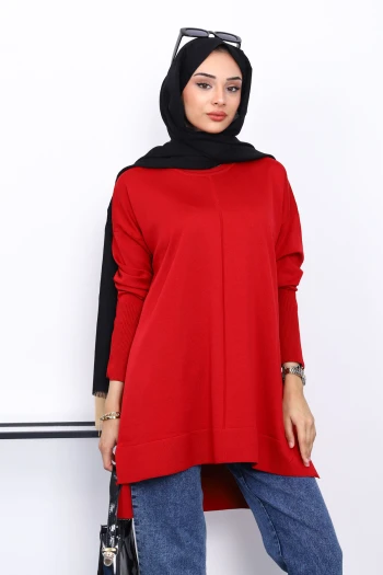 Kırmızı Kol Fermuarlı Soğuk İplik Triko Tunik