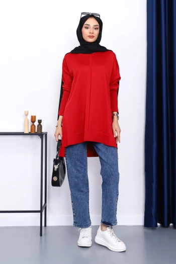Kırmızı Kol Fermuarlı Soğuk İplik Triko Tunik