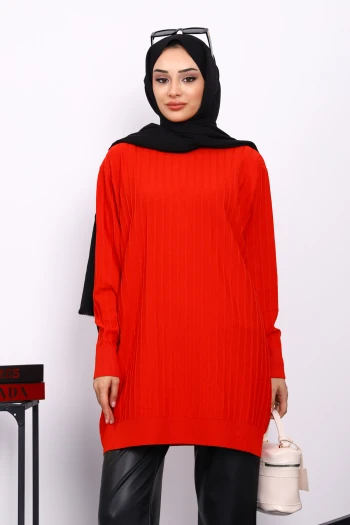 Kırmızı Merserize Fitilli Salaş Tunik